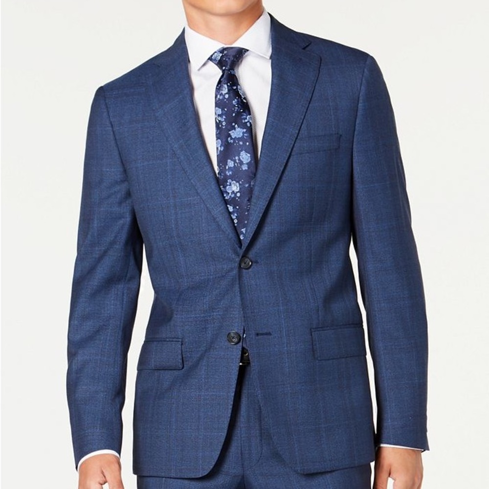 DKNY blue plaid performance men’s suit modern fit